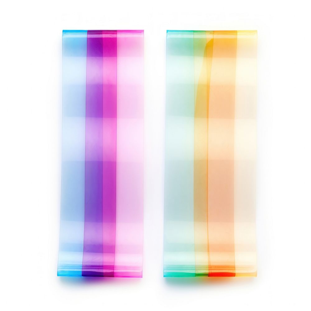 Transparent rainbow plastic paper adhesive strip purple white background rectangle.