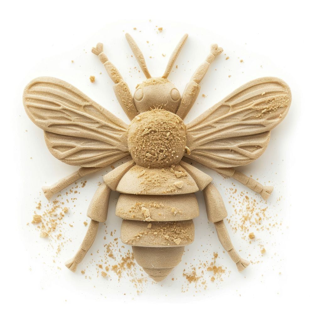 Sand Sculpture bee cartoon white background representation.