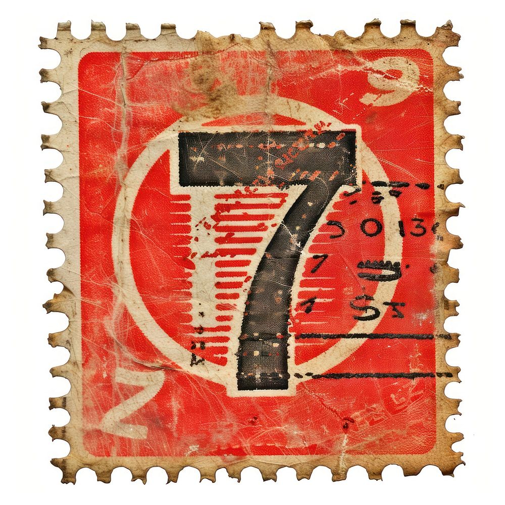 Vintage postage stamp with number 7 backgrounds text white background.