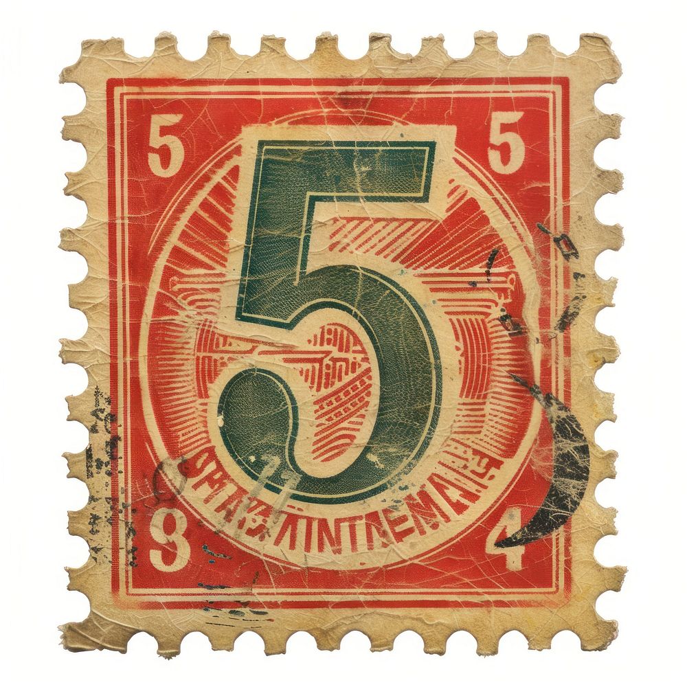 Vintage postage stamp with number 5 text white background pattern.