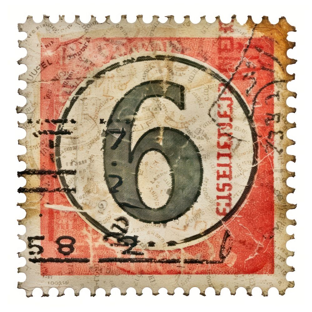Vintage postage stamp with number 6 white background blackboard weathered.