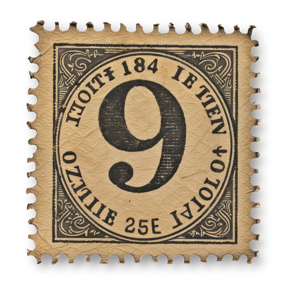 Vintage postage stamp with number 9 text white background blackboard.