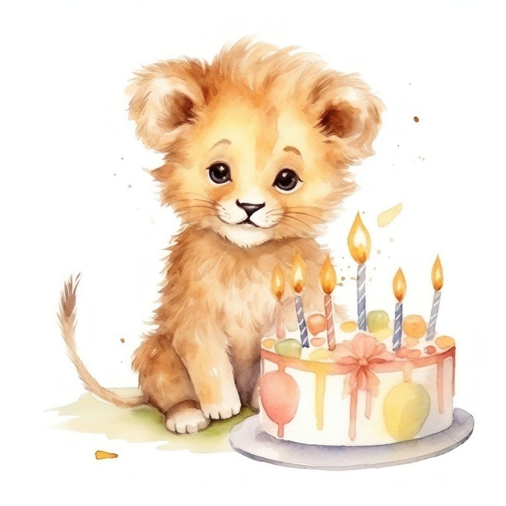 Lion holding birthday cake dessert cartoon mammal.