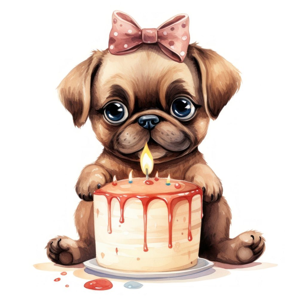 Pug holding birthday cake animal dessert cartoon.