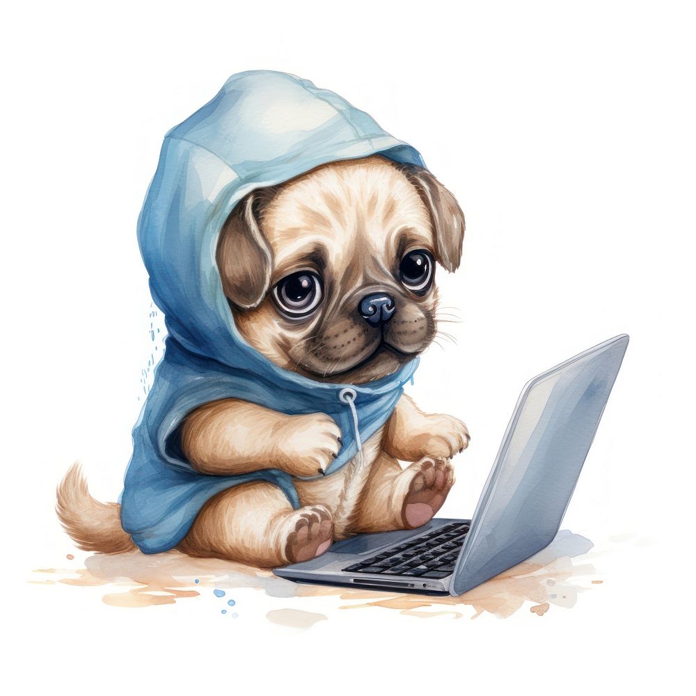 Pug holding laptop animal computer cartoon.