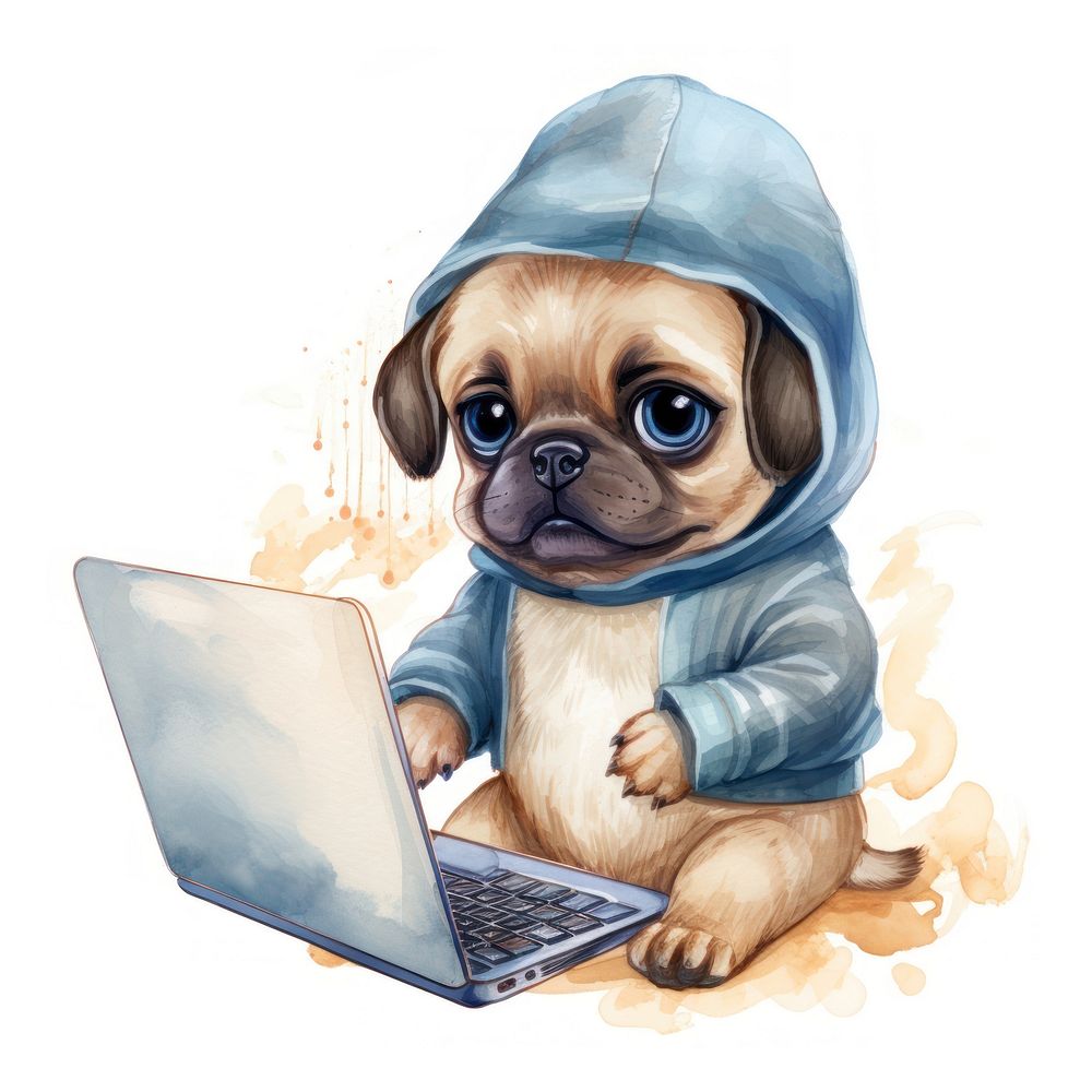 Pug holding laptop animal computer cartoon.