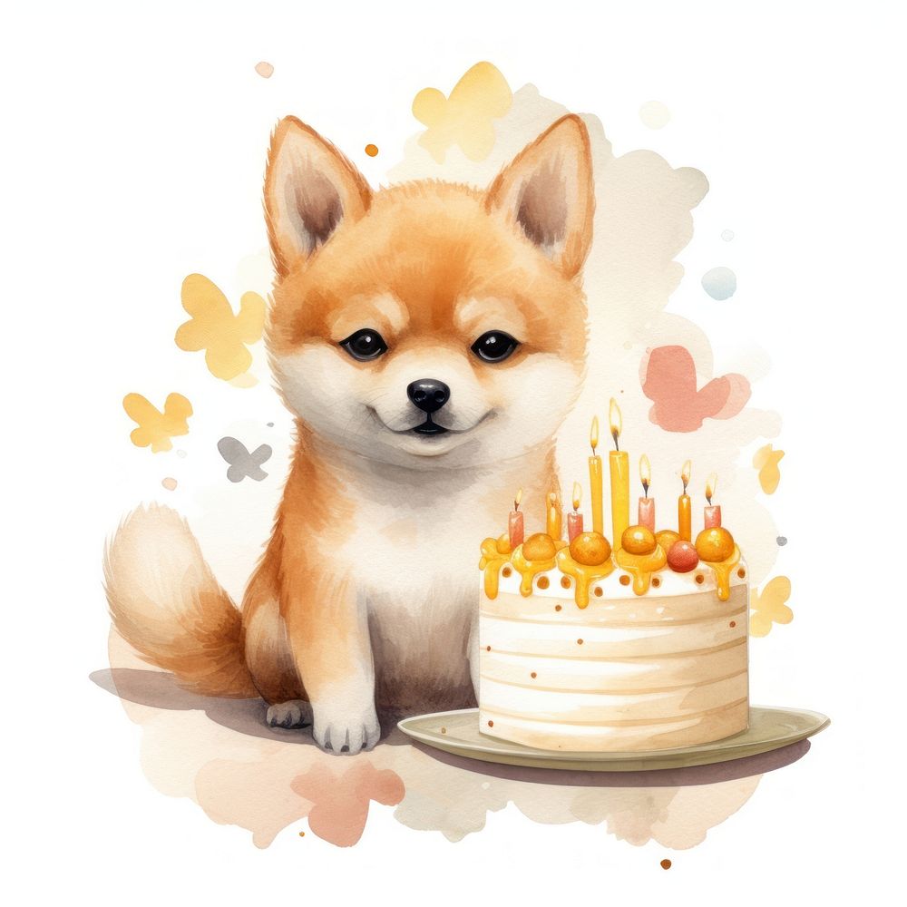 Shiba holding birthday cake animal dessert cartoon.