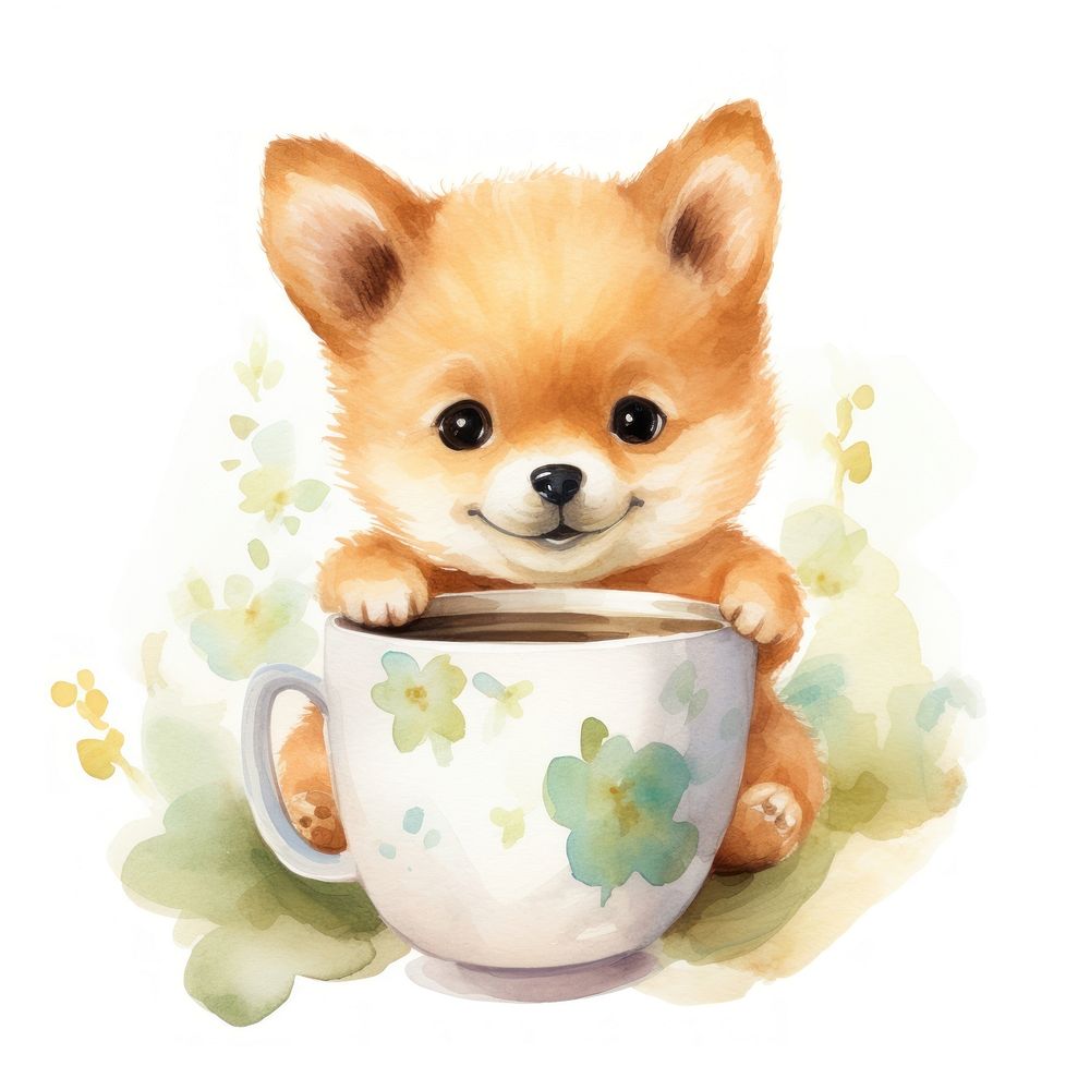 Shiba holding tea cup cartoon mammal animal.