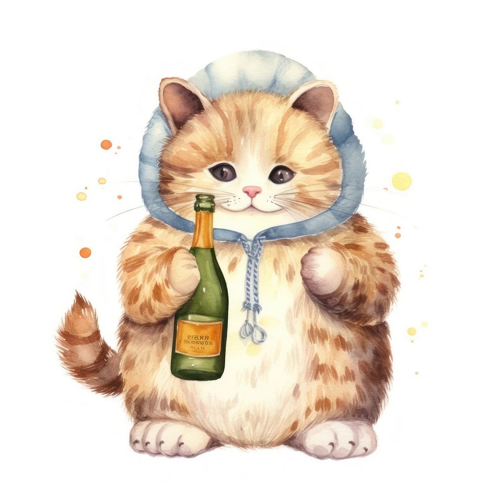 Cat hugging champagne animal drawing cartoon.