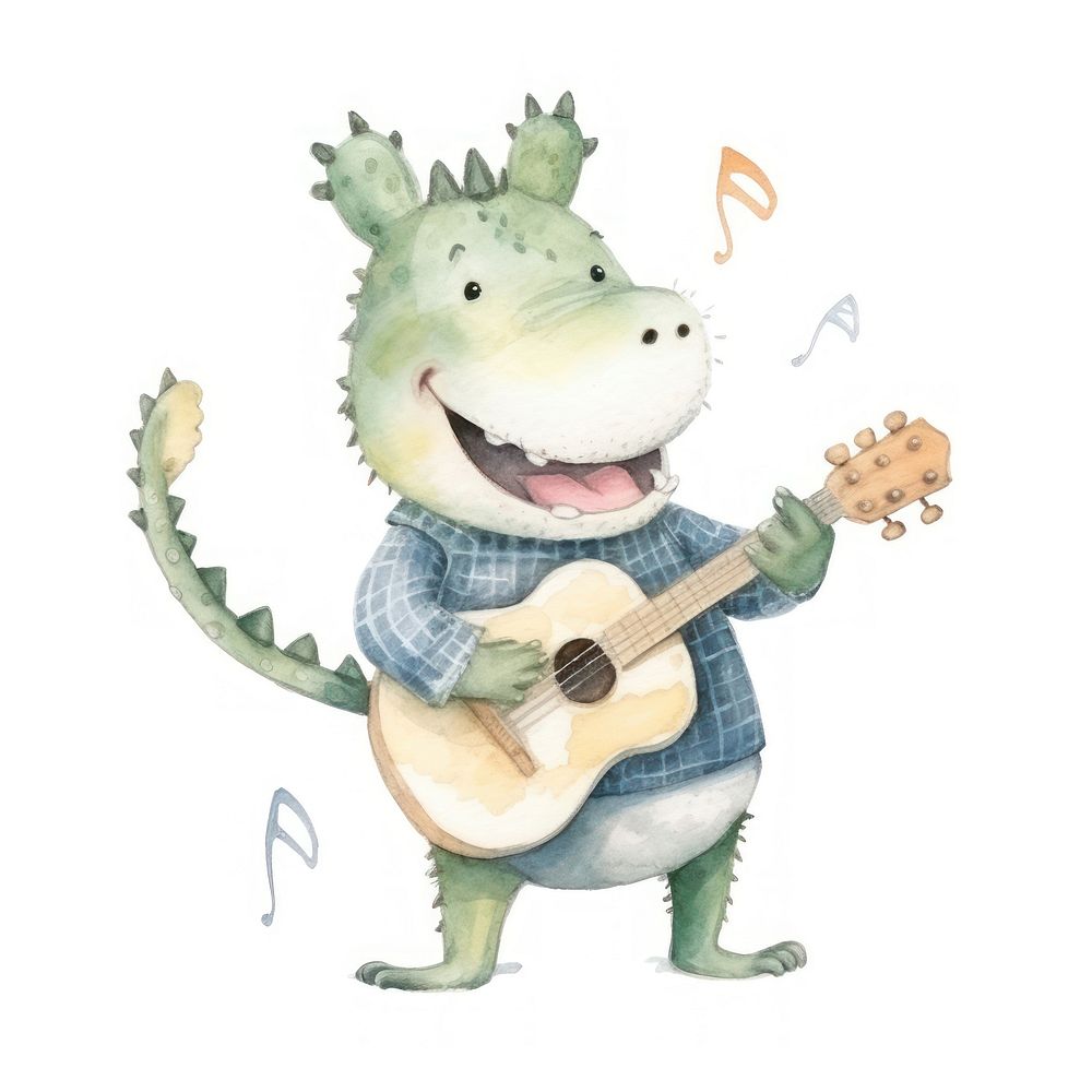 Crocodile playing guitar cartoon white background representation.