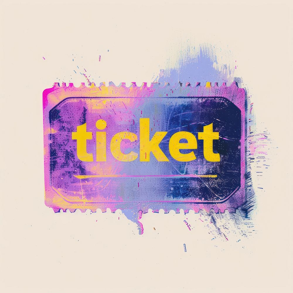 Ticket Risograph style purple text advertisement.