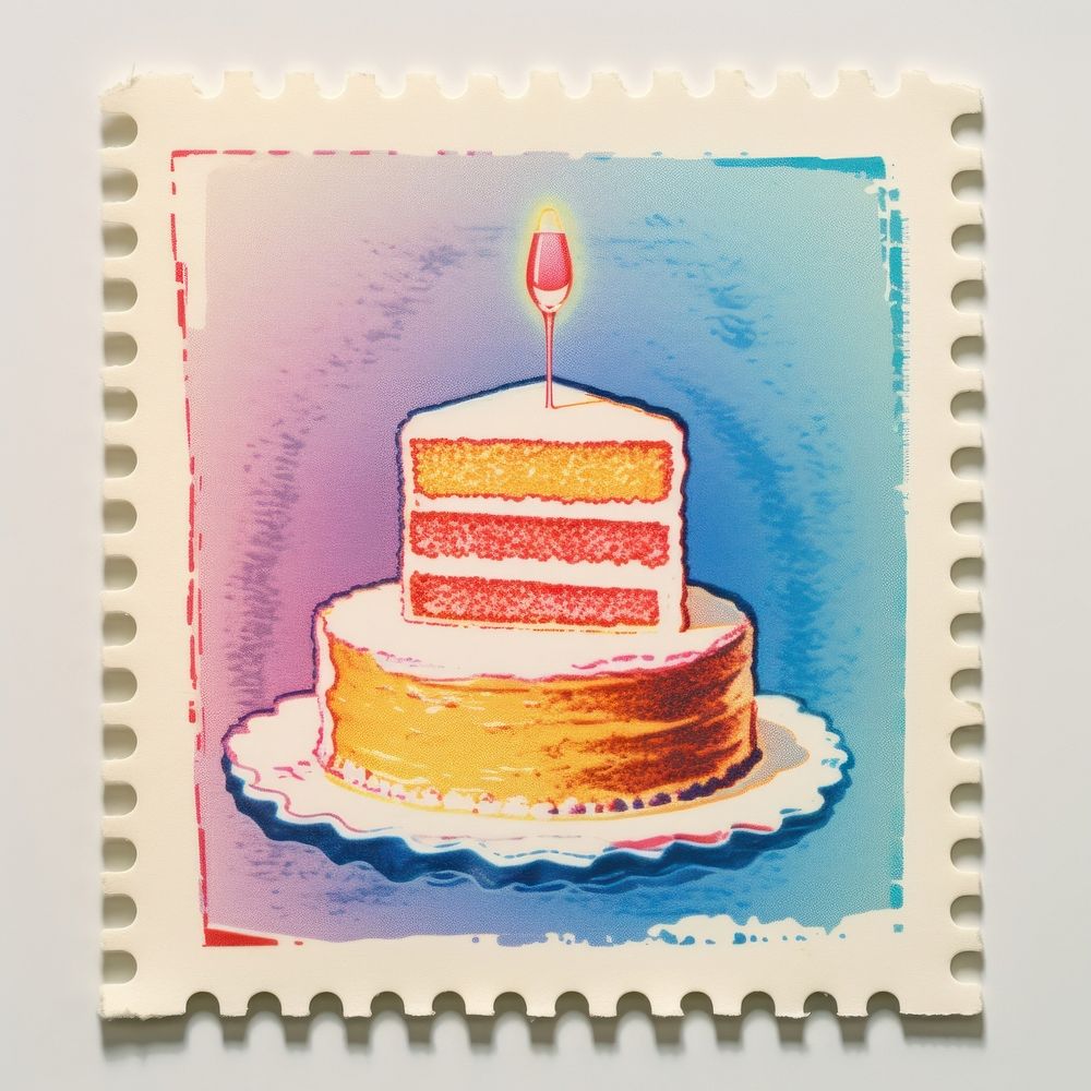 Cake Risograph style dessert food postage stamp.