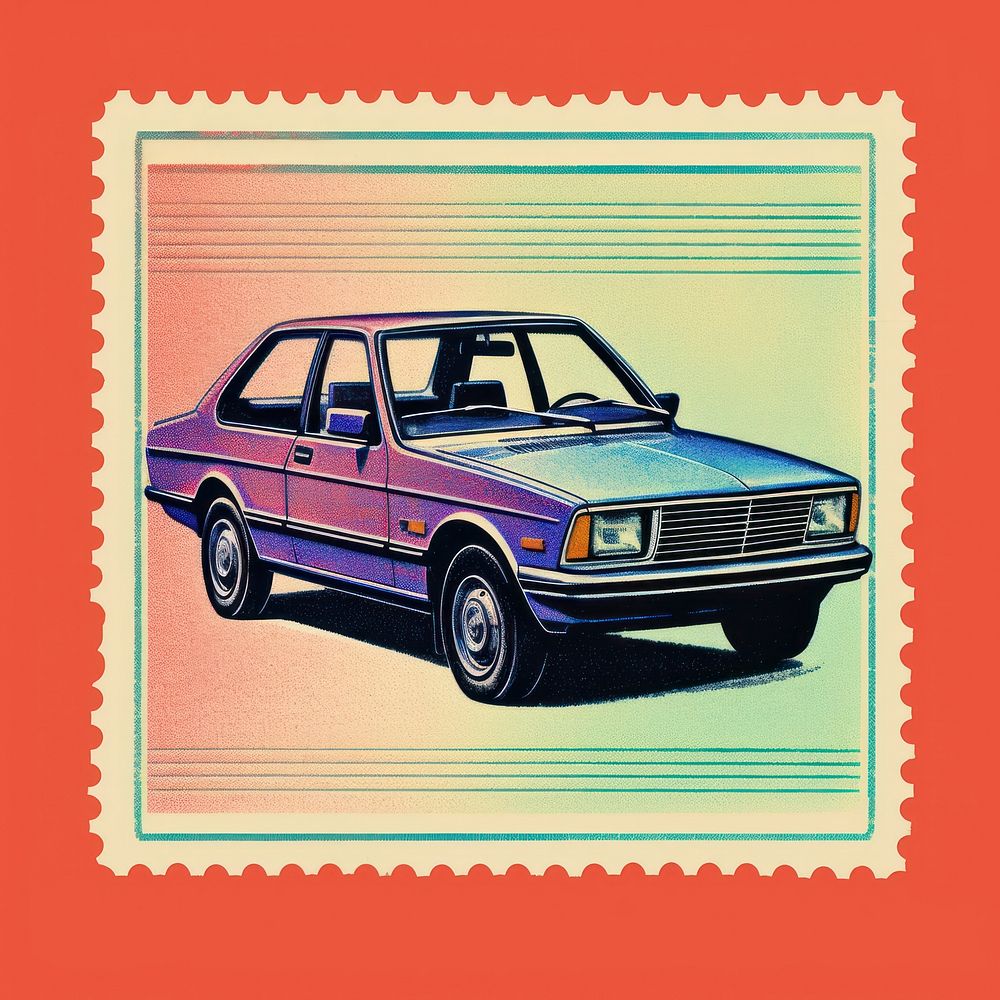 Car Risograph style vehicle transportation postage stamp.