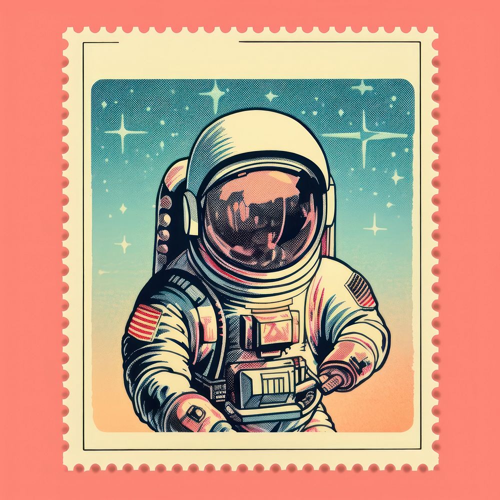 Astronaut Risograph style postage stamp exploration technology.