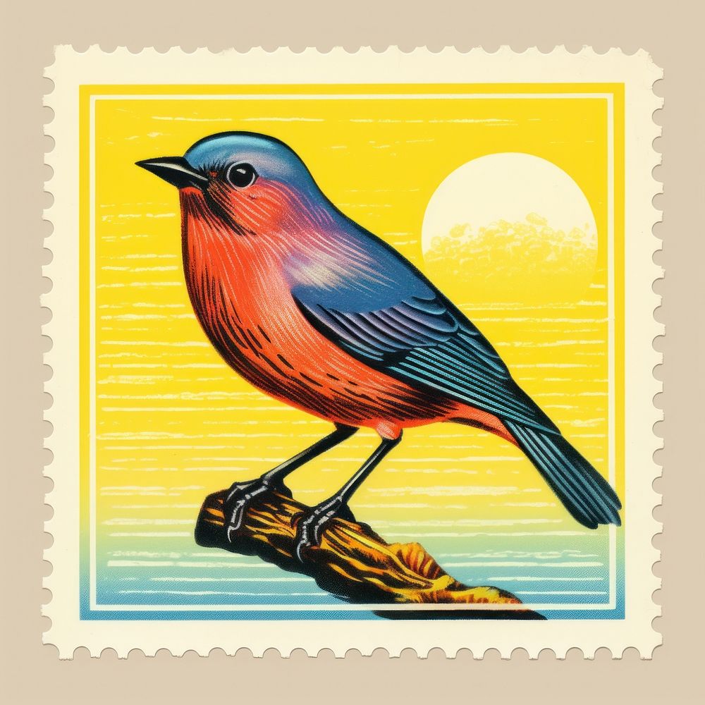 Bird Risograph style animal postage stamp wildlife.