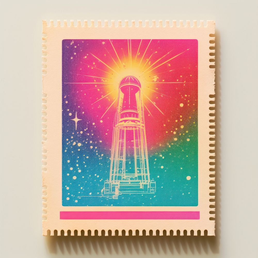 Galaxy Risograph style art postage stamp architecture.