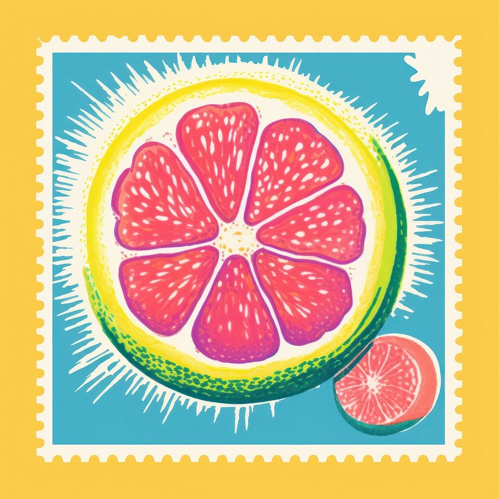 Fruit Risograph style grapefruit food postage stamp.