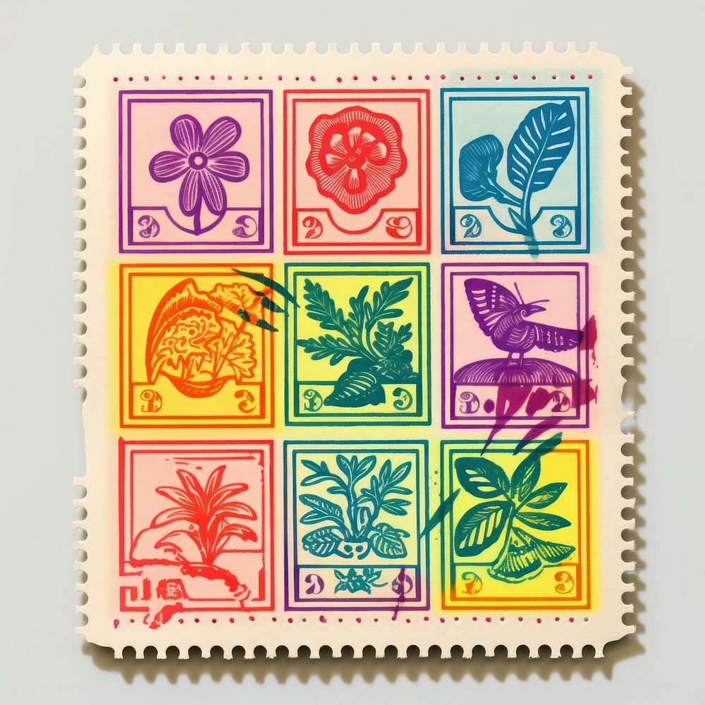 Jungle Risograph style postage stamp creativity needlework.