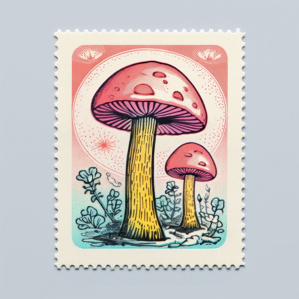 Mushroom Risograph style fungus plant postage stamp.