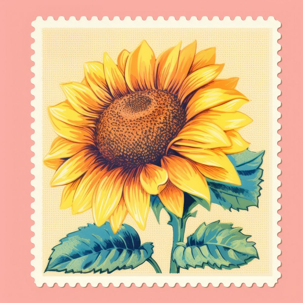 Sunflower Risograph style plant inflorescence postage stamp.
