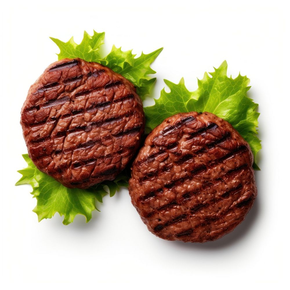 Two grilled meat burgers steak food beef.