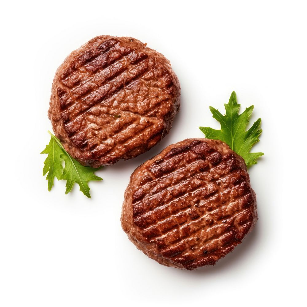 Two grilled meat burgers steak food beef.