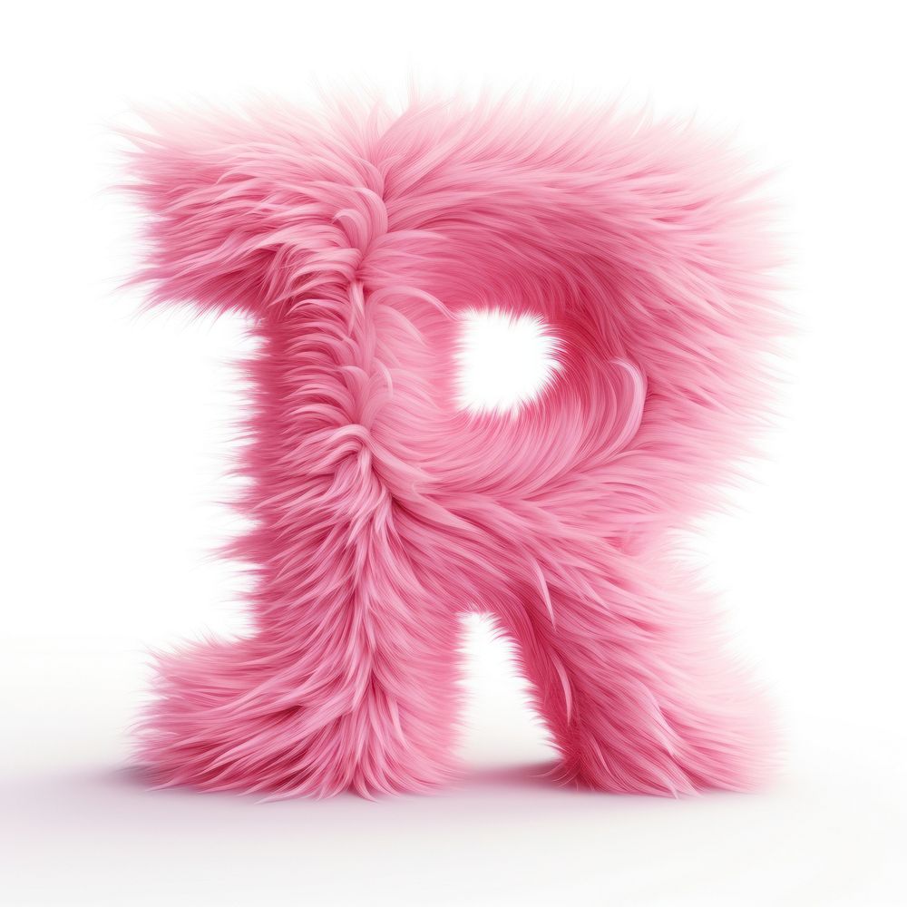 Fur letter R pink toy white background.
