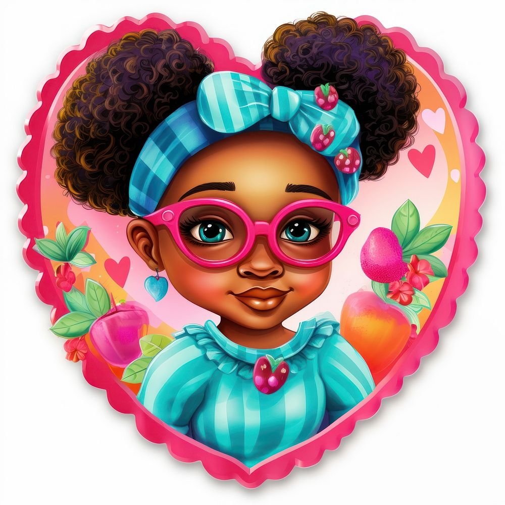 African girl printable sticker portrait glasses heart.