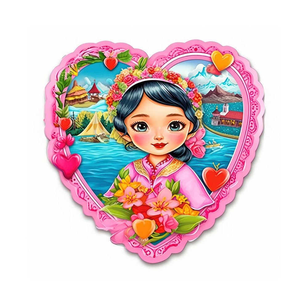 Asia girl printable sticker portrait heart toy.