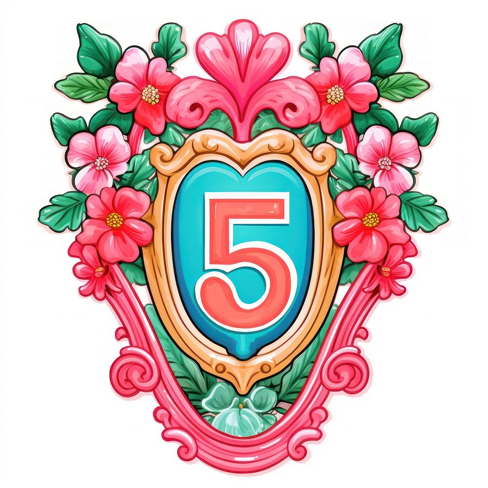 Number 5 printable sticker pattern heart white background.