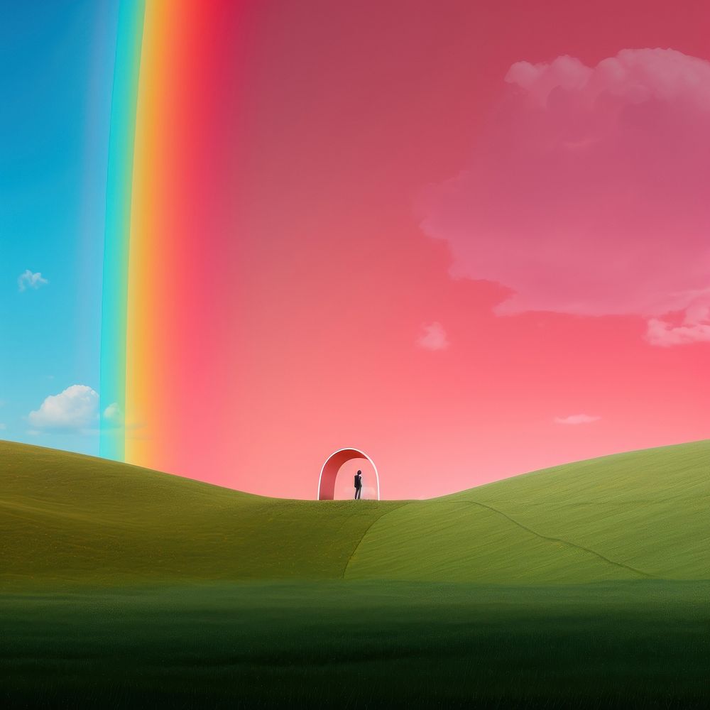 Photo of rainbow field landscape grassland.