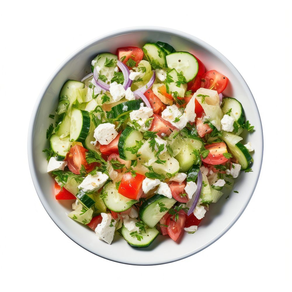 Salad with onions and tomatoes with cucumbers and feta cheese vegetable plate plant.