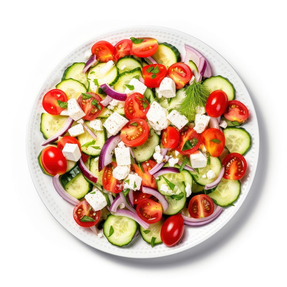 Salad with onions and tomatoes with cucumbers and feta cheese vegetable plate plant.