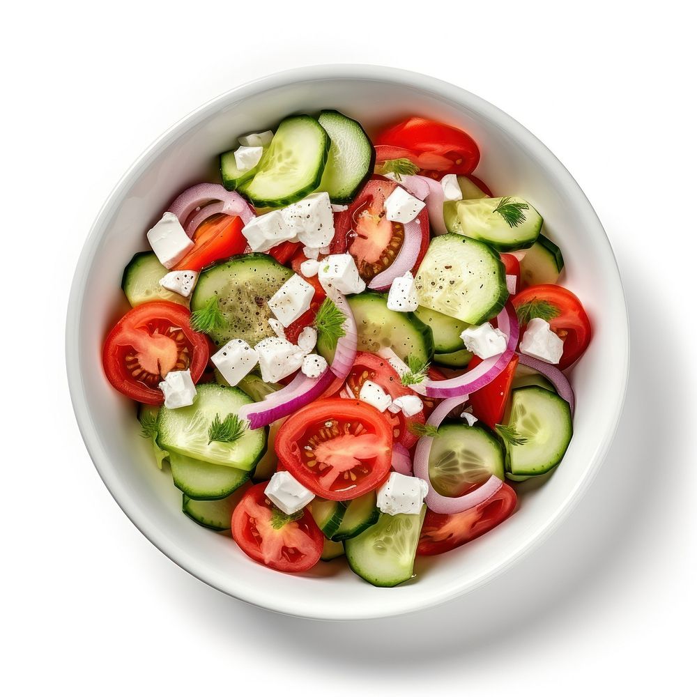 Salad with onions and tomatoes with cucumbers and feta cheese vegetable plate plant.