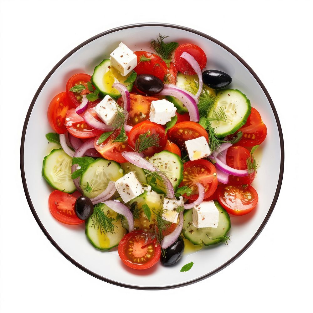 Salad with onions and tomatoes with cucumbers and feta cheese plate food meal.