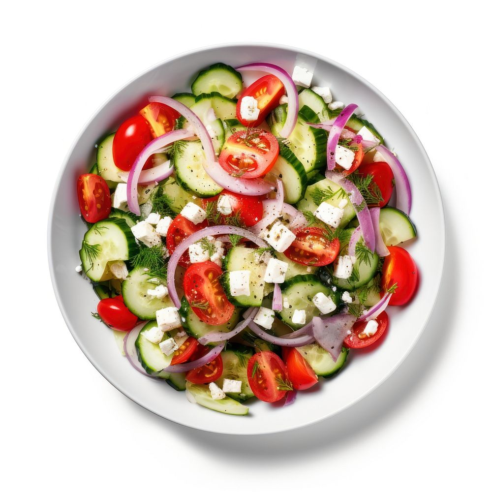 Salad with onions and tomatoes with cucumbers and feta cheese vegetable plate food.