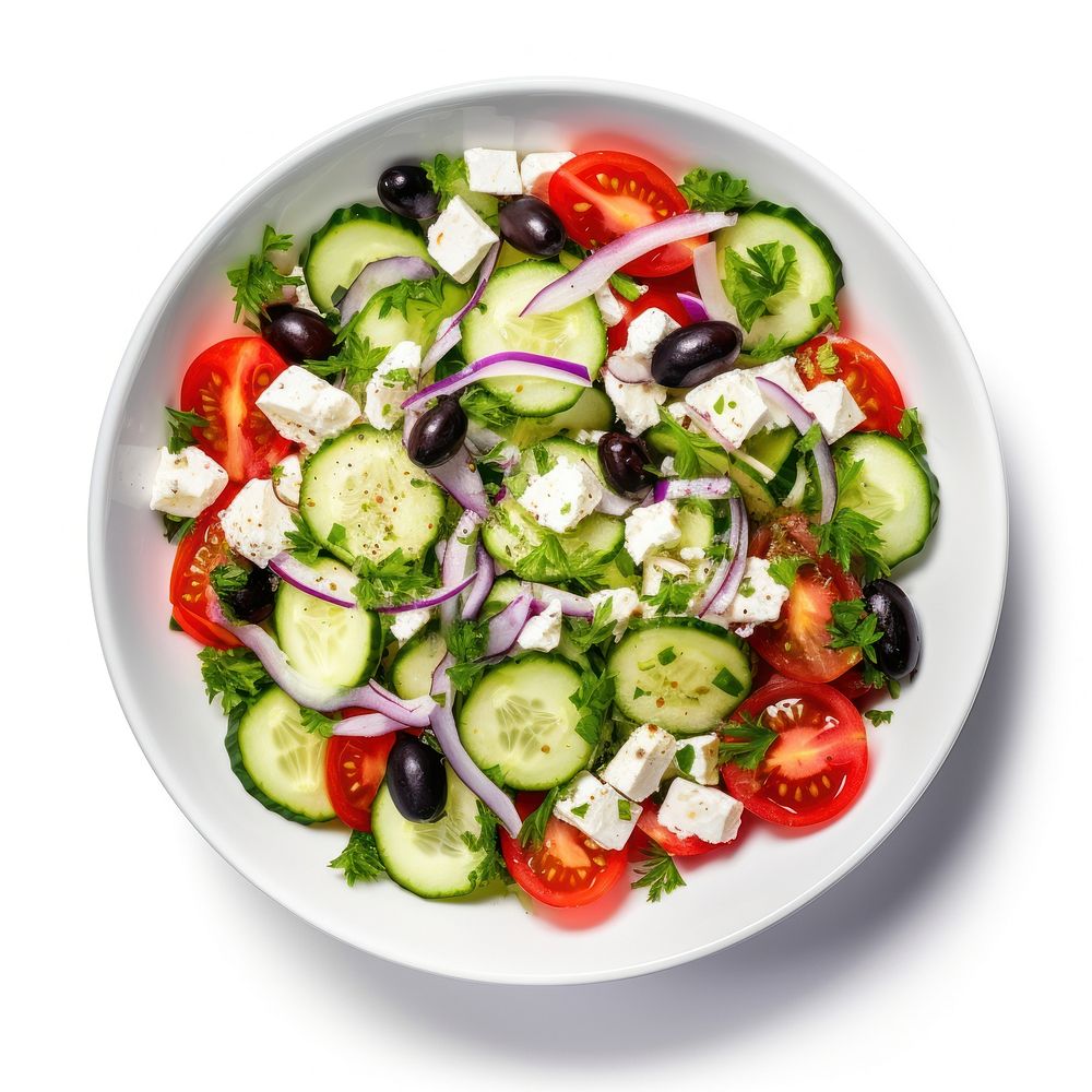 Salad with onions and tomatoes with cucumbers and feta cheese vegetable plate plant.
