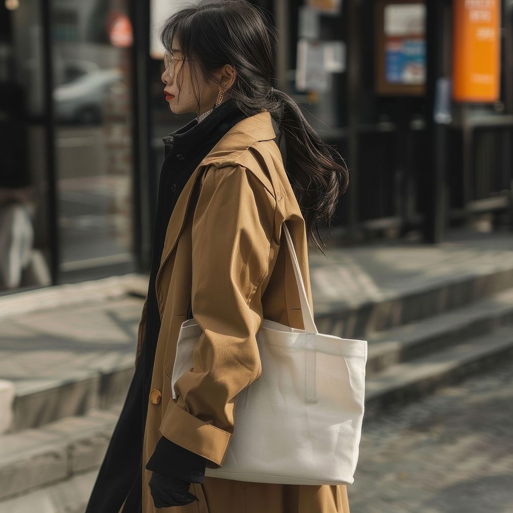A white canvas tote bag coat overcoat carrying.