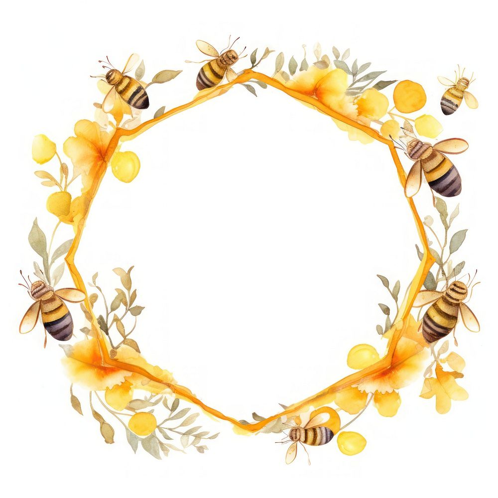 Honey hive wreath border insect bee white background.