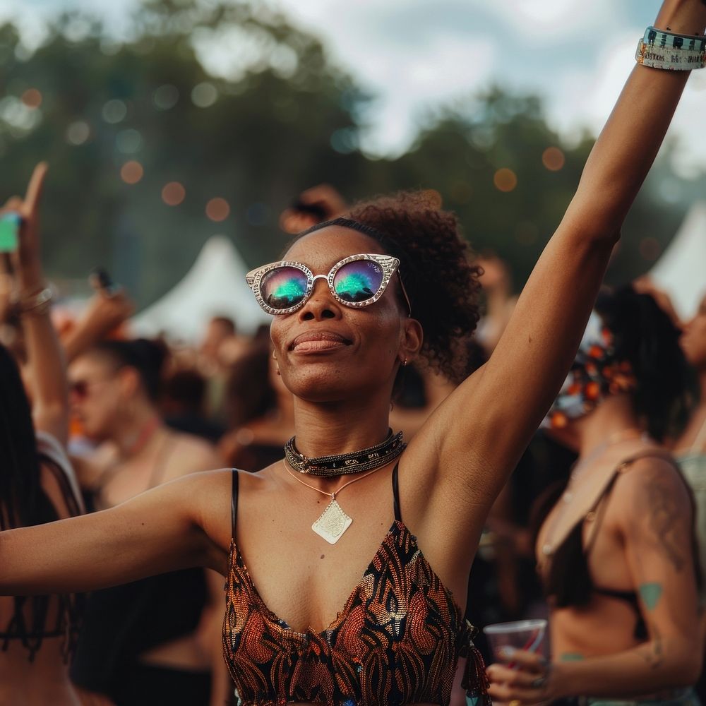 Black woman wearing cat-eyes sunglasses dancing and hand up against people in outdoor music festival concert photography…