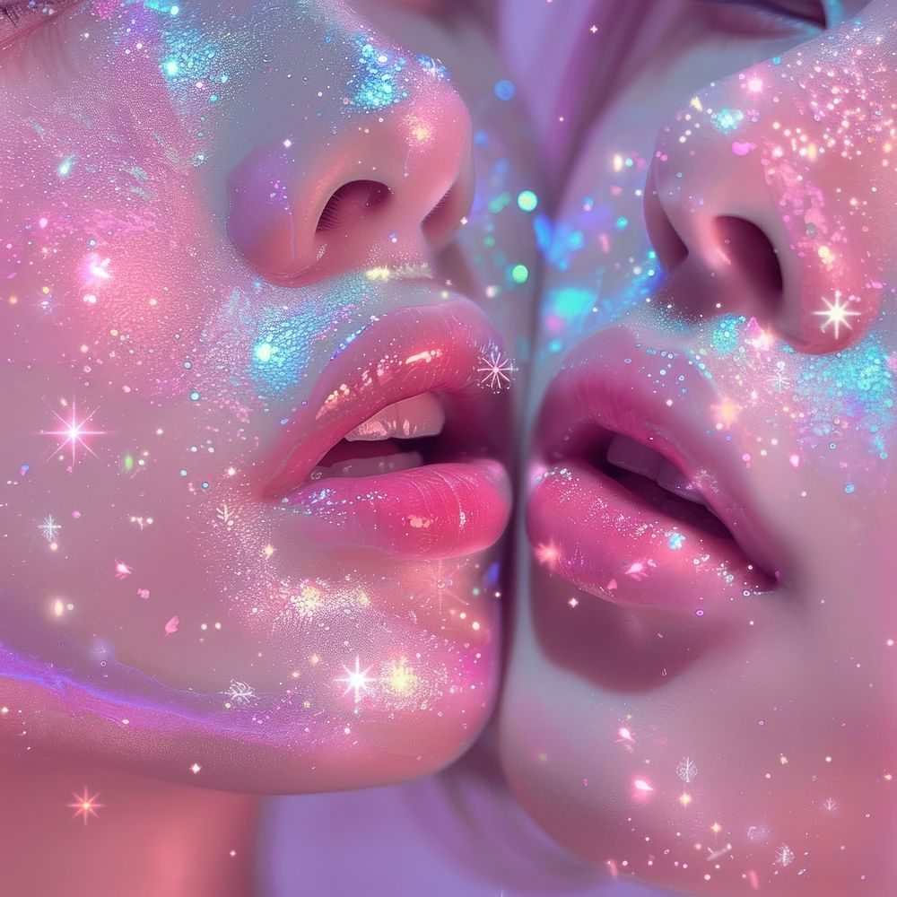 Couple kiss lips glitter purple pink.