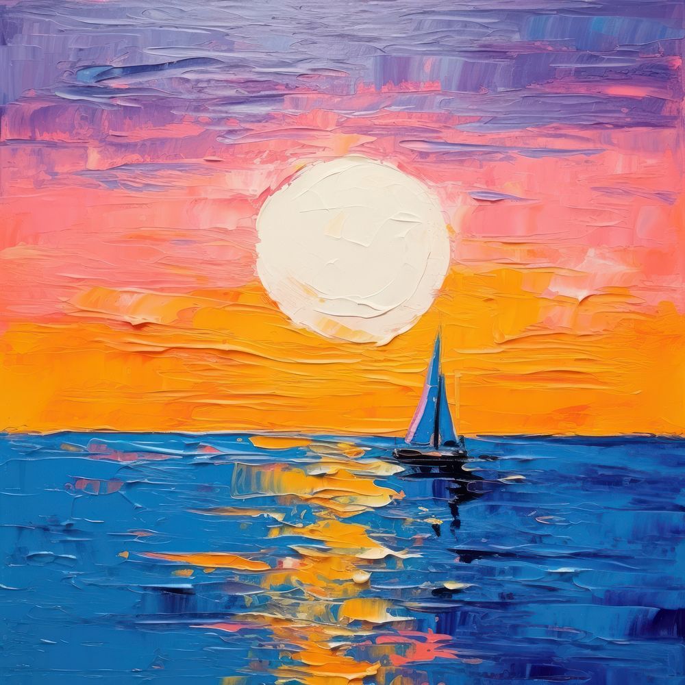 A moon in the sky sea view painting sailboat outdoors.
