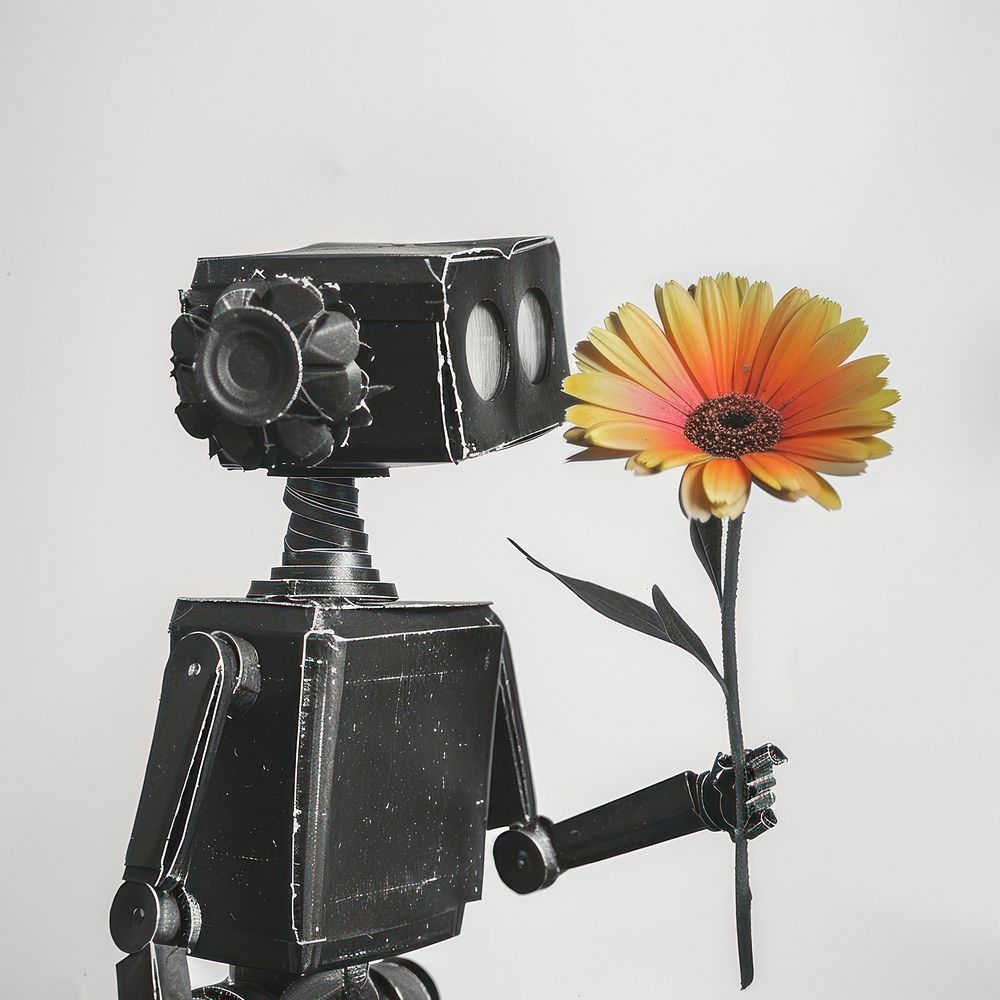 Paper collage of robot flower sunflower camera.