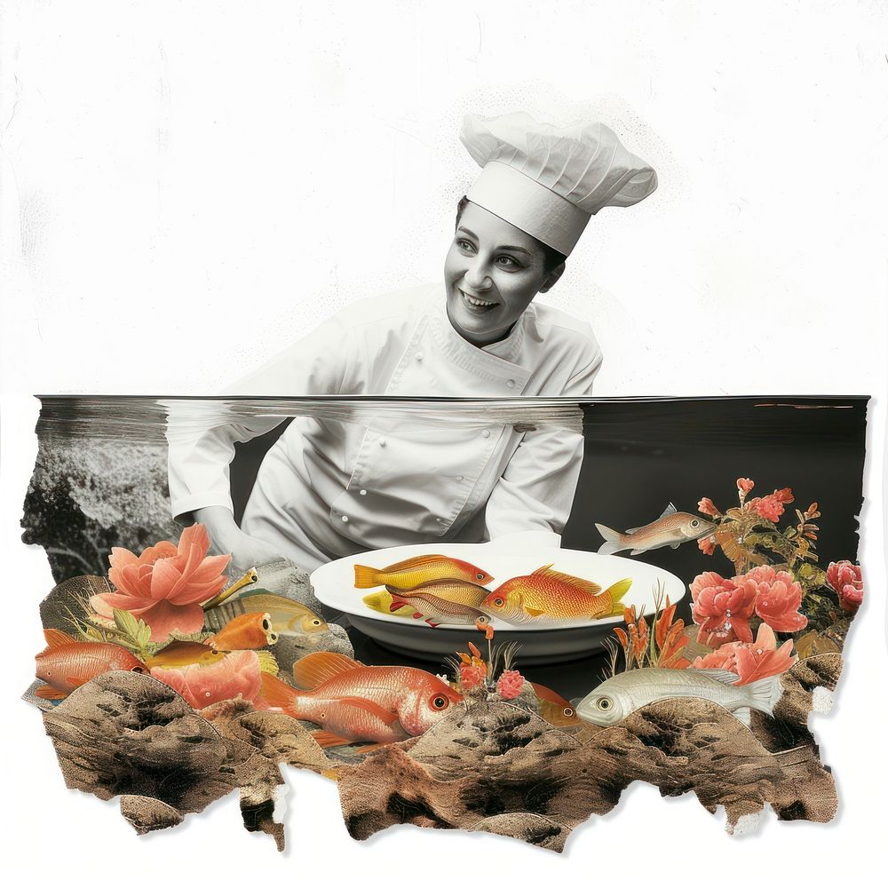 Collage of happy chef portrait photo food.