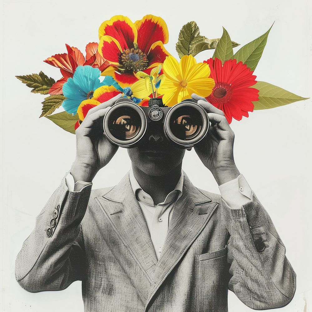 Man holding binoculars flower plant adult.