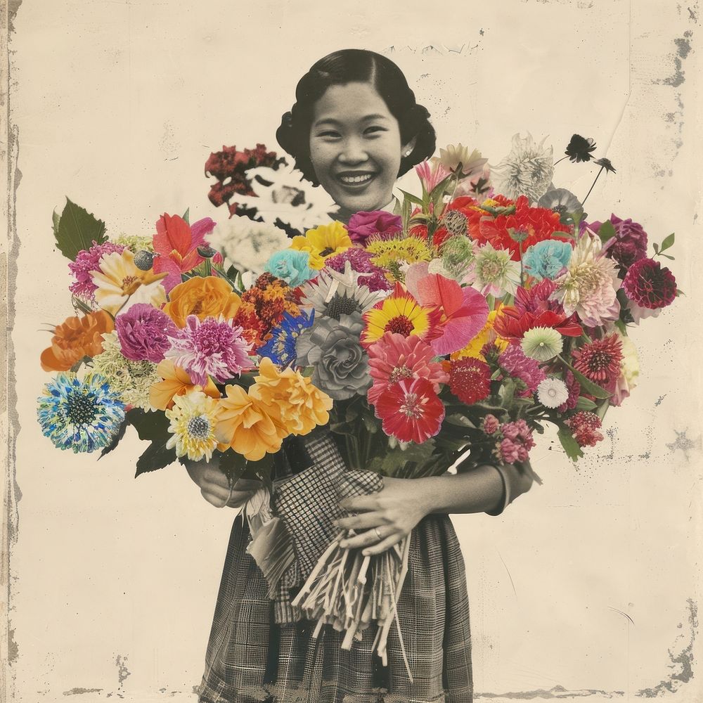 Collage of happy young Asian women flower portrait plant.
