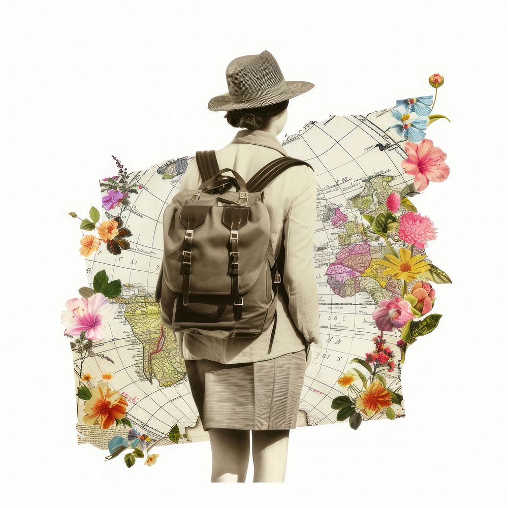 Collage of traveler woman flower backpack plant.