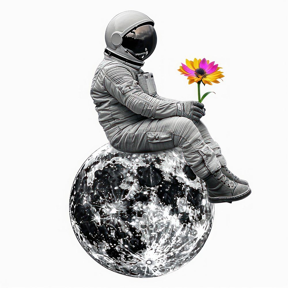Paper collage of astronaut flower outdoors sitting.