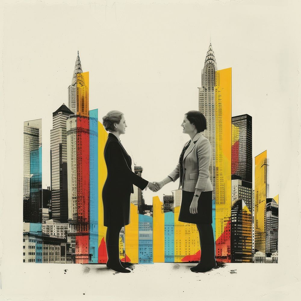 Paper collage of two businesswomen architecture skyscraper poster.