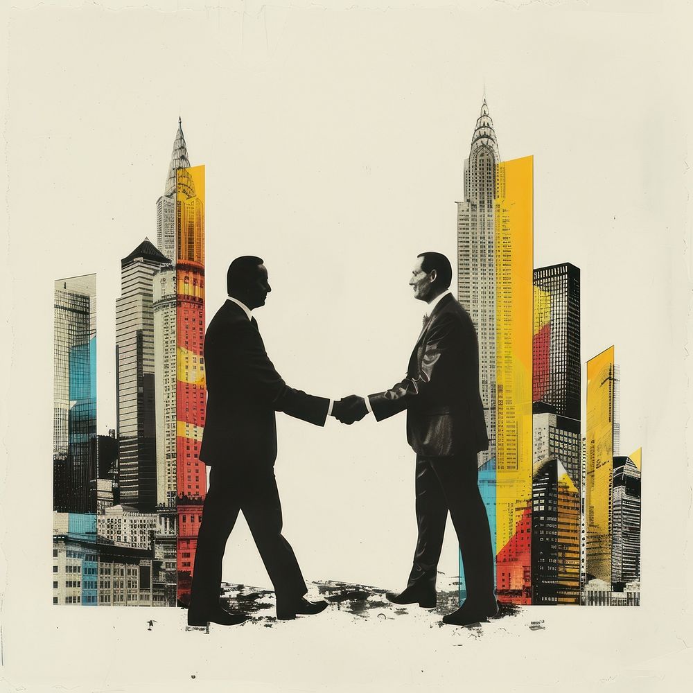 Paper collage of two businessmen architecture poster adult.